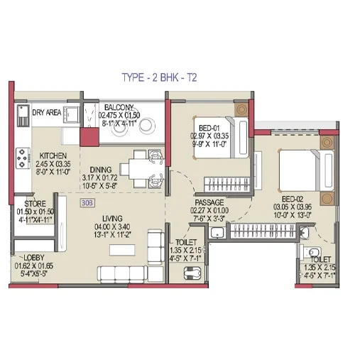 2 BHK floor plan layout at Vision 24 Degree Charholi