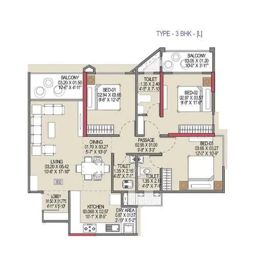 3 BHK spacious apartment layout at Vision 24 Degree